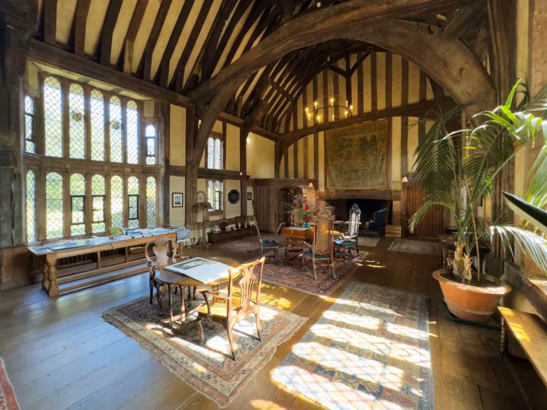 An interior view of the Great Hall at Great Dixter House and Gardens.