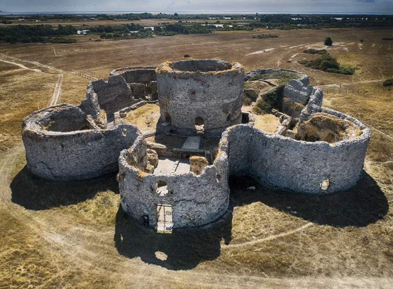 An aerial view of the ruins of Camber Castle.