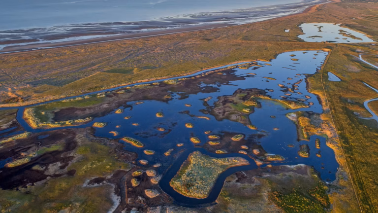 An aerial view of Rye Harbour Nature Reserve.